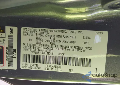 2019 Toyota Tundra Sr5 4.6L V8 из США, поврежденный, VIN 5TFEM5F14KX139565